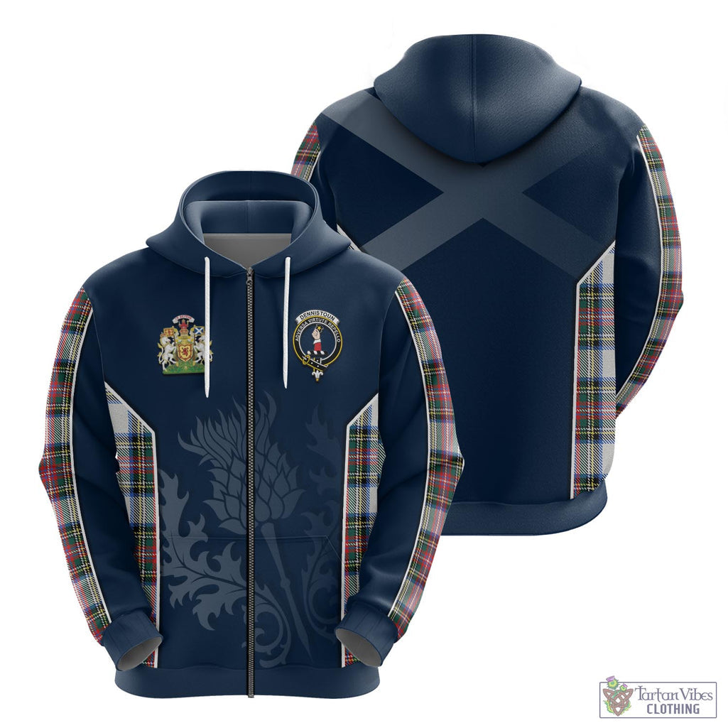 Tartan Vibes Clothing Dennistoun Tartan Hoodie with Family Crest and Scottish Thistle Vibes Sport Style