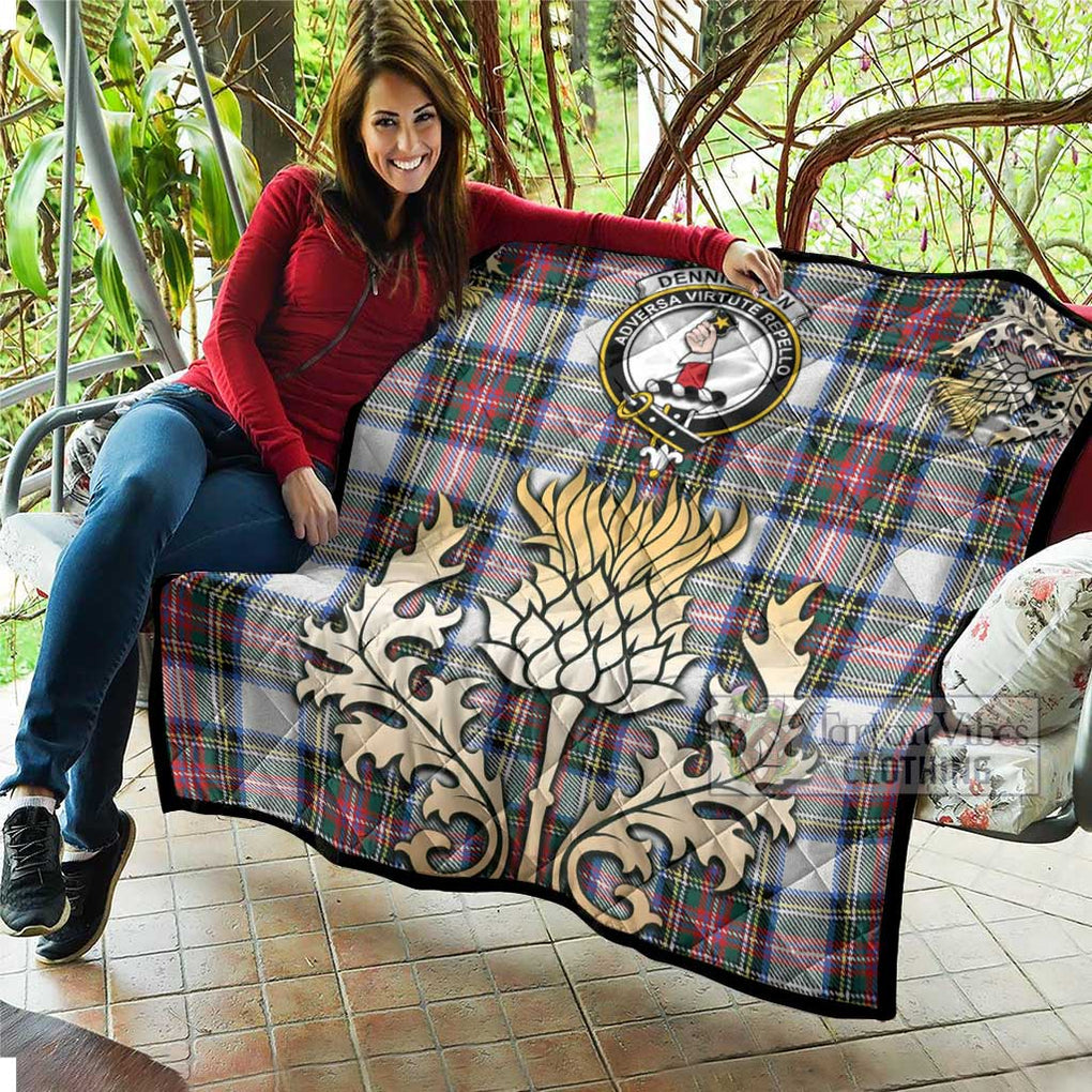 Tartan Vibes Clothing Dennistoun Tartan Quilt with Family Crest and Golden Thistle Style