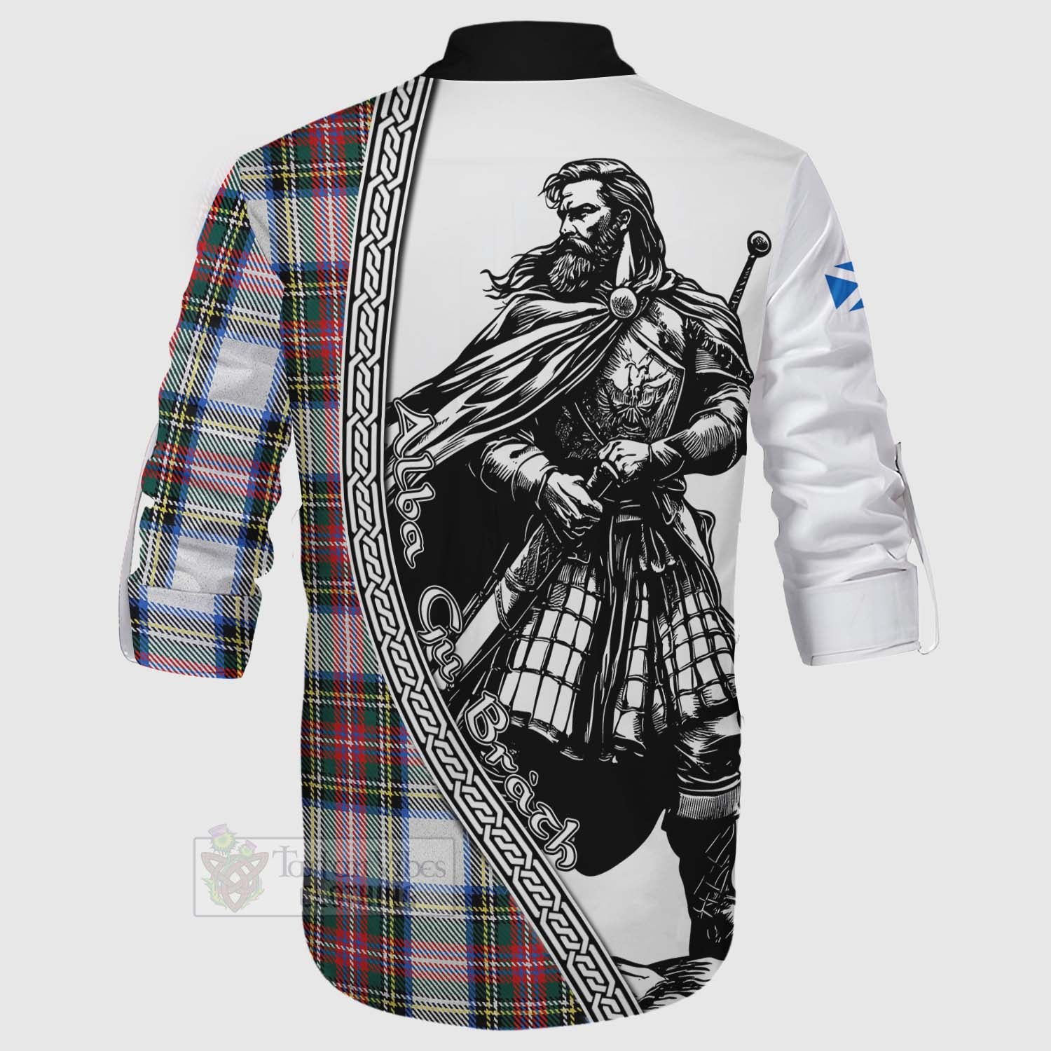 Tartan Vibes Clothing Dennistoun Tartan Clan Crest Ghillie Kilt Shirt with Highlander Warrior Celtic Style