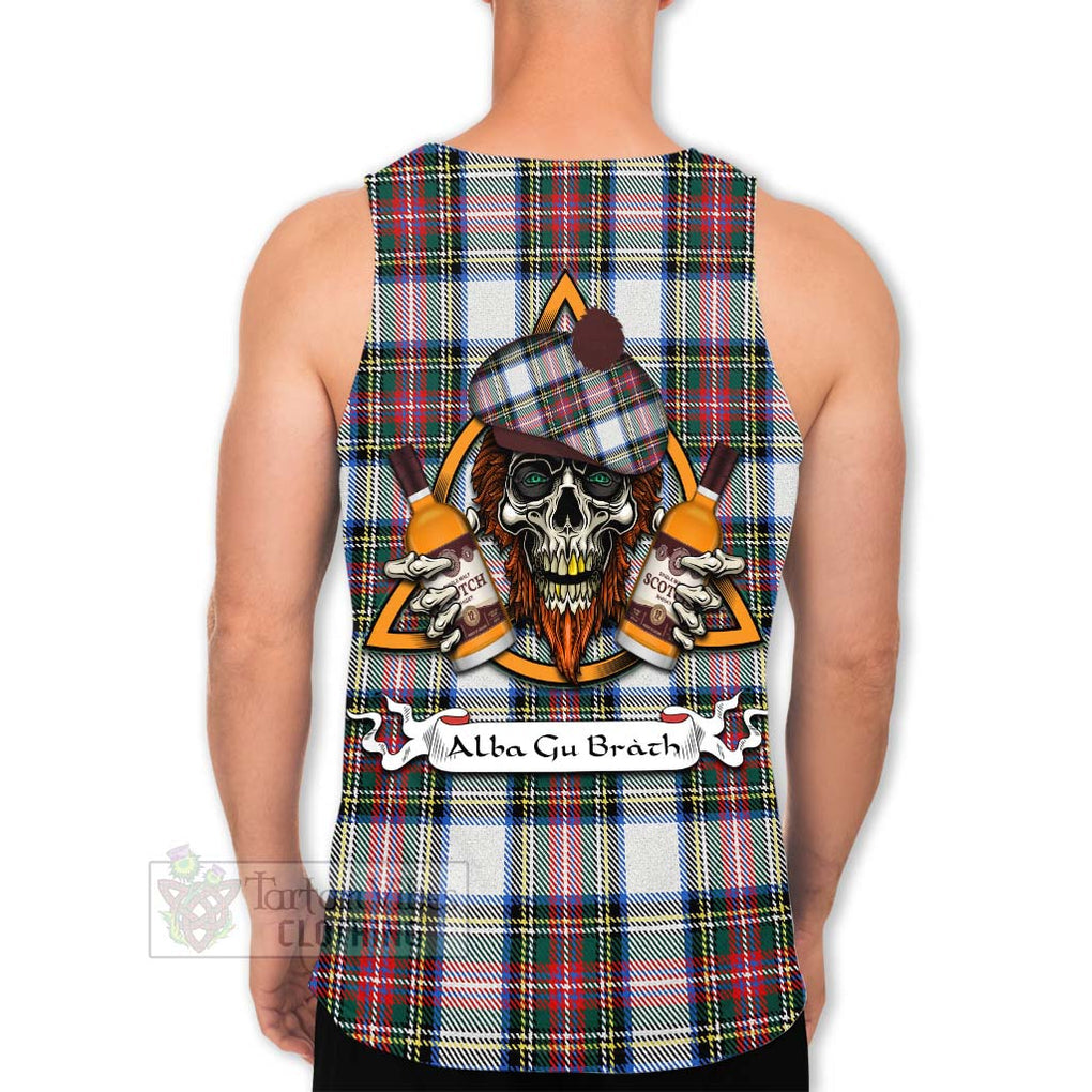 Tartan Vibes Clothing Dennistoun Tartan Men's Tank Top with Family Crest and Bearded Skull Holding Bottles of Whiskey