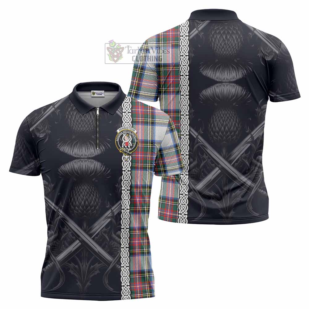 Tartan Vibes Clothing Dennistoun Tartan Zipper Polo Shirt with Family Crest Cross Sword Thistle Celtic Vibes