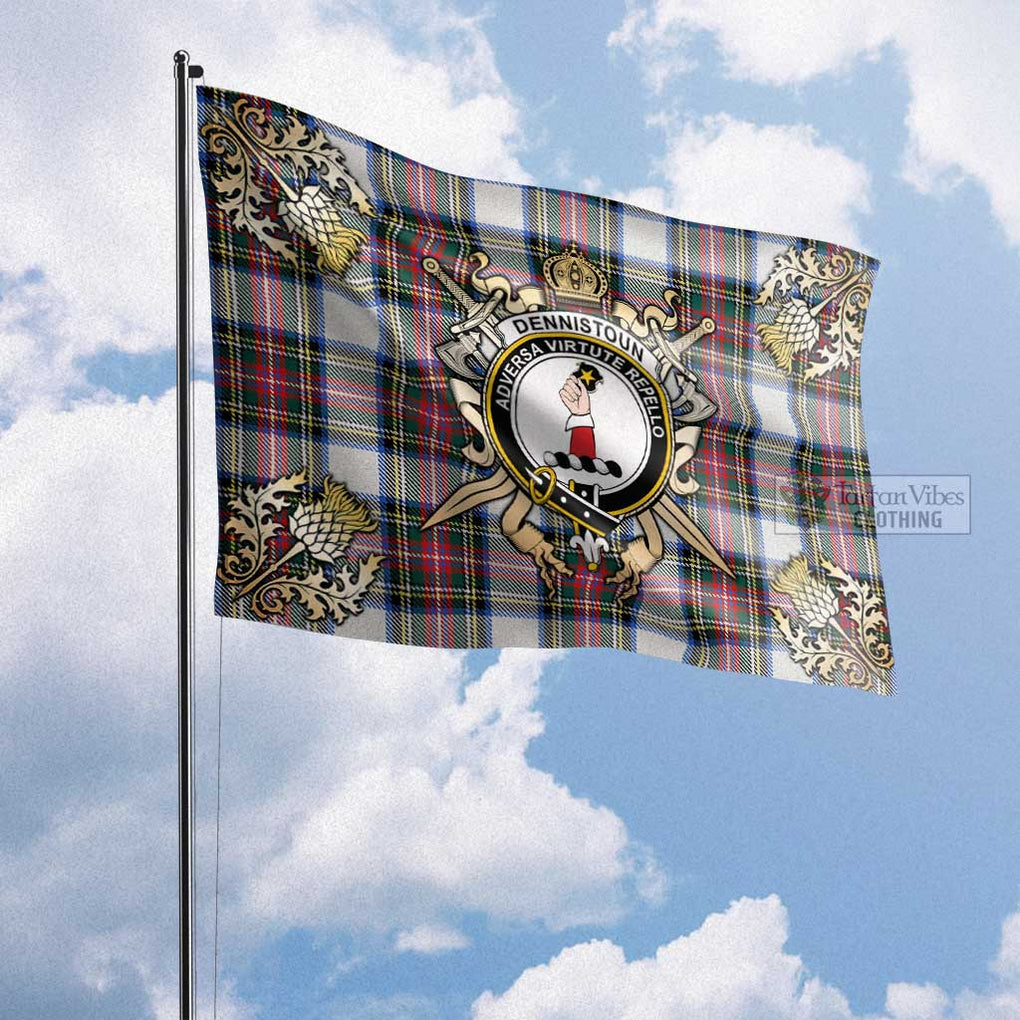 Tartan Vibes Clothing Dennistoun Tartan Flag with Family Crest and Golden Thistle Crossed Sword Design