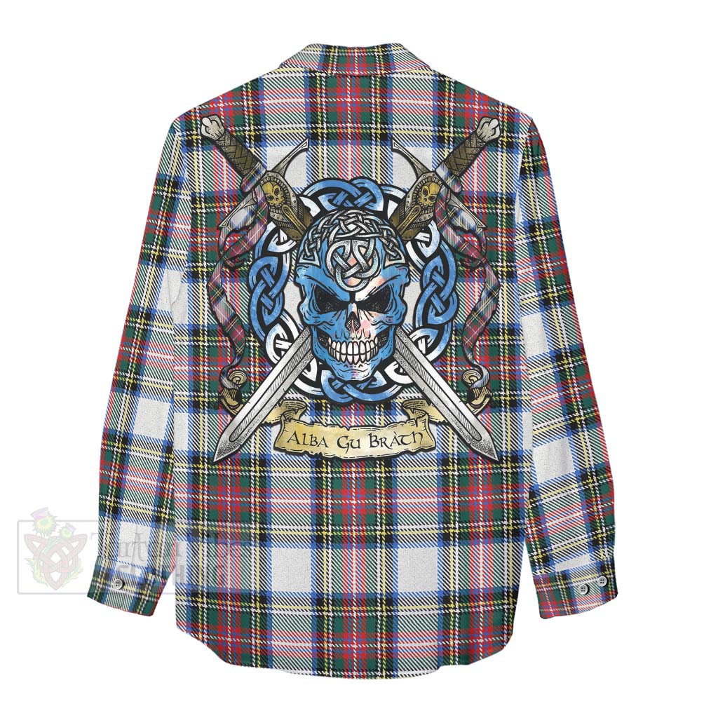 Tartan Vibes Clothing Dennistoun Tartan Women's Casual Shirt with Family Crest Celtic Skull Style