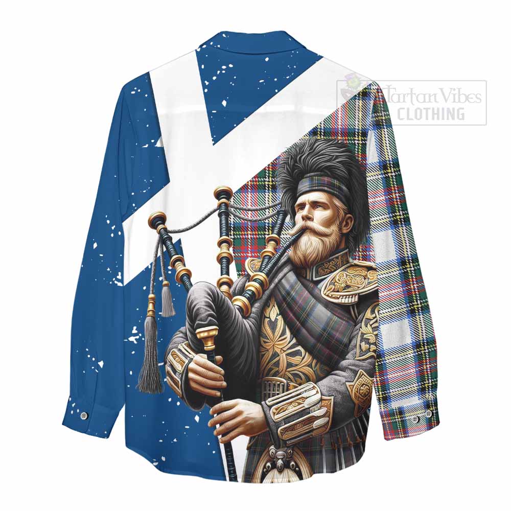 Tartan Vibes Clothing Dennistoun Tartan Women's Casual Shirt with Family Crest Scottish Bagpiper Vibes