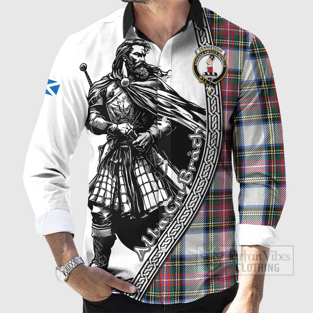 Tartan Vibes Clothing Dennistoun Tartan Clan Crest Long Sleeve Button Shirt with Highlander Warrior Celtic Style