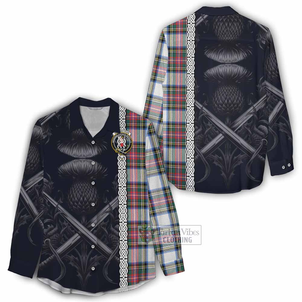 Tartan Vibes Clothing Dennistoun Tartan Women's Casual Shirt with Family Crest Cross Sword Thistle Celtic Vibes