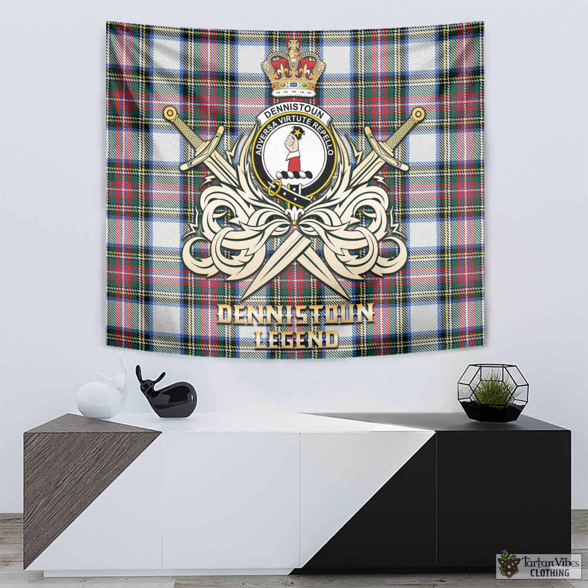 Tartan Vibes Clothing Dennistoun Tartan Tapestry with Clan Crest and the Golden Sword of Courageous Legacy