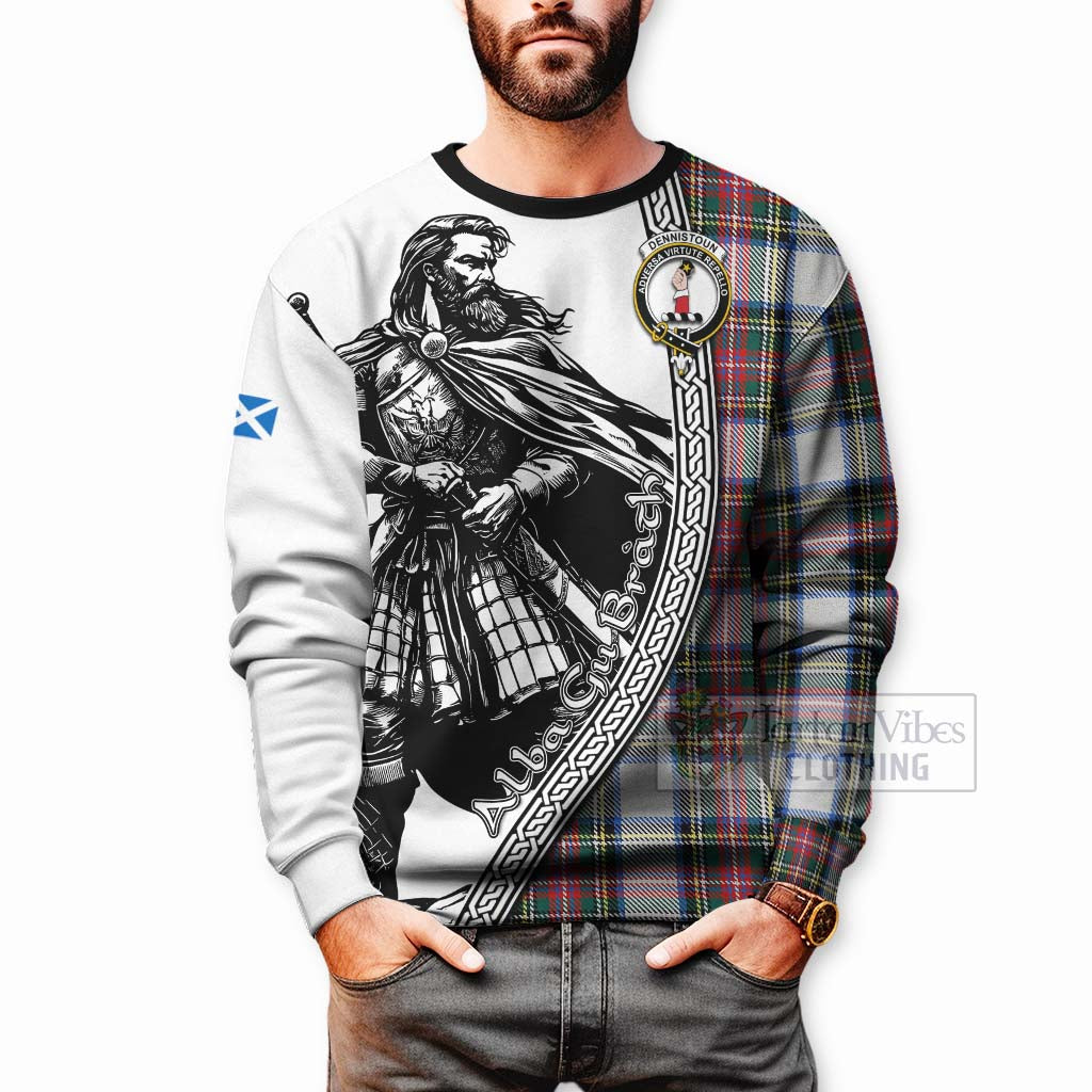 Tartan Vibes Clothing Dennistoun Tartan Clan Crest Sweatshirt with Highlander Warrior Celtic Style