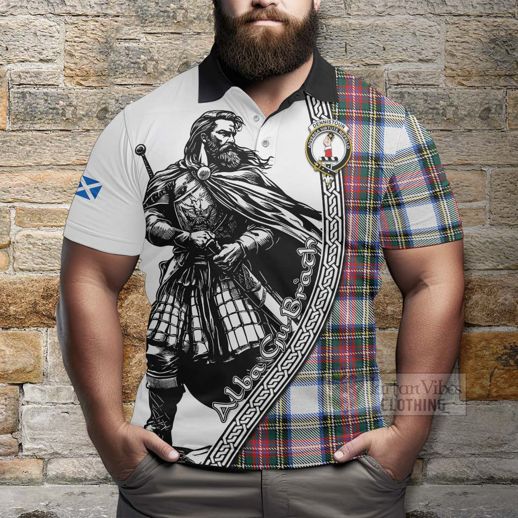 Tartan Vibes Clothing Dennistoun Tartan Clan Crest Polo Shirt with Highlander Warrior Celtic Style