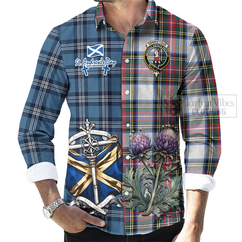 Tartan Vibes Clothing Dennistoun Tartan Long Sleeve Button Shirt Happy St. Andrew's Day Half Tartan Style