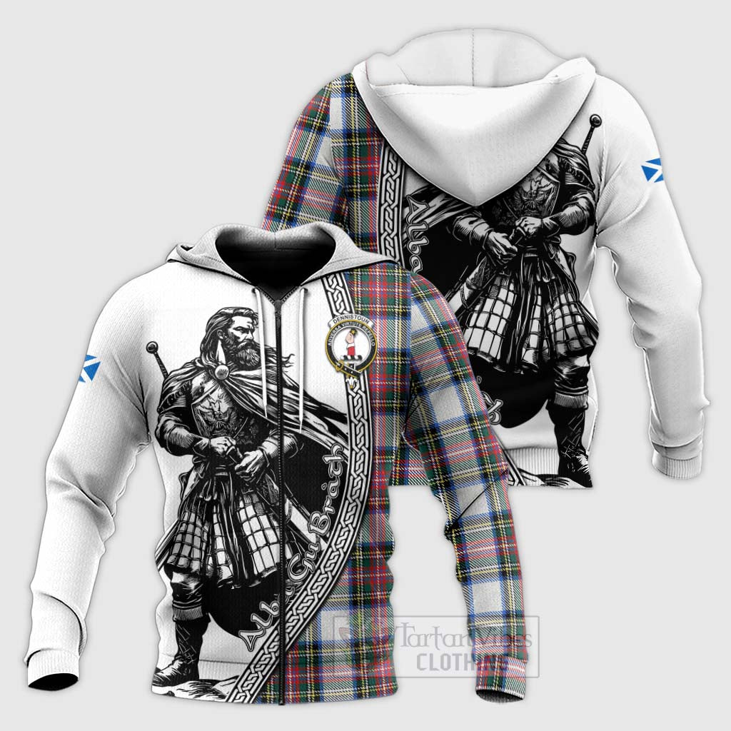 Tartan Vibes Clothing Dennistoun Tartan Clan Crest Knitted Hoodie with Highlander Warrior Celtic Style