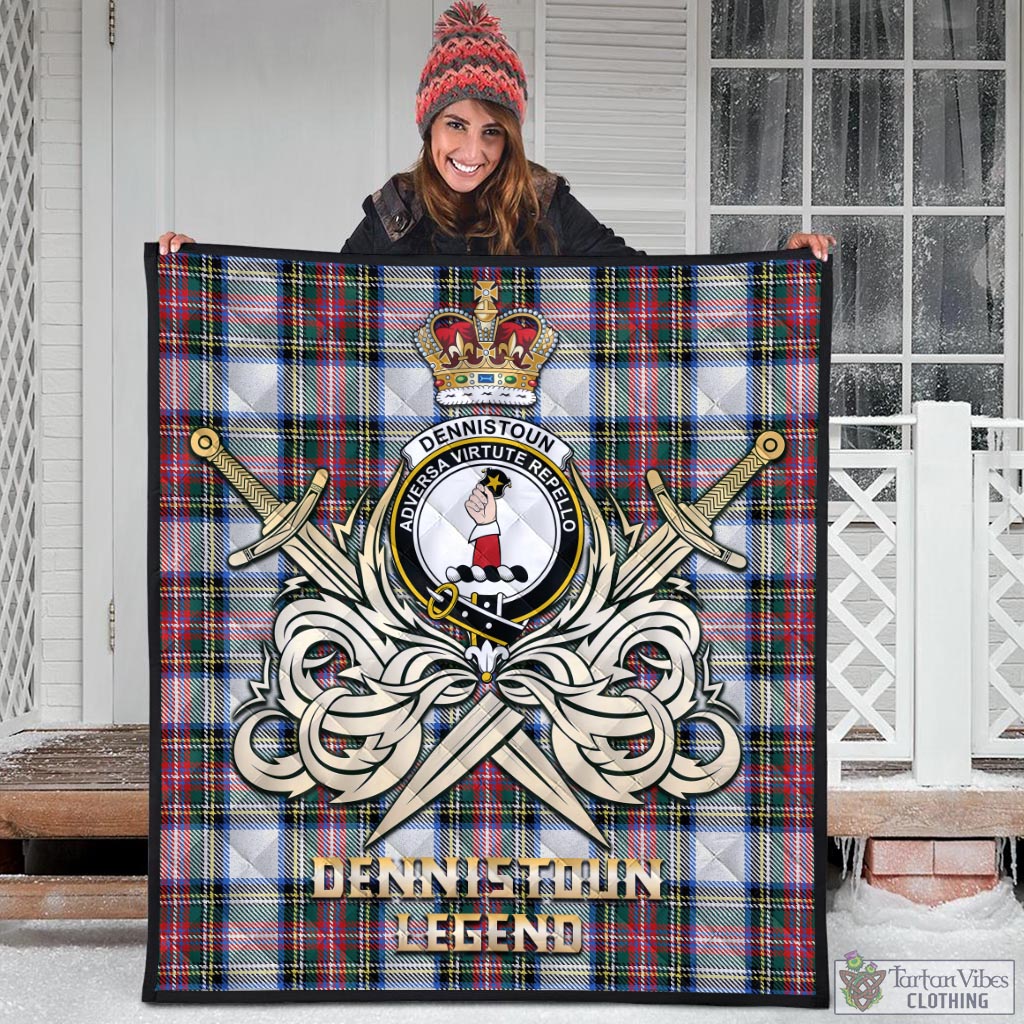 Tartan Vibes Clothing Dennistoun Tartan Quilt with Clan Crest and the Golden Sword of Courageous Legacy