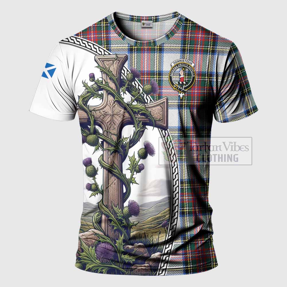 Tartan Vibes Clothing Dennistoun Agnew Tartan T-Shirt with Family Crest and St. Andrew's Cross Accented by Thistle Vines