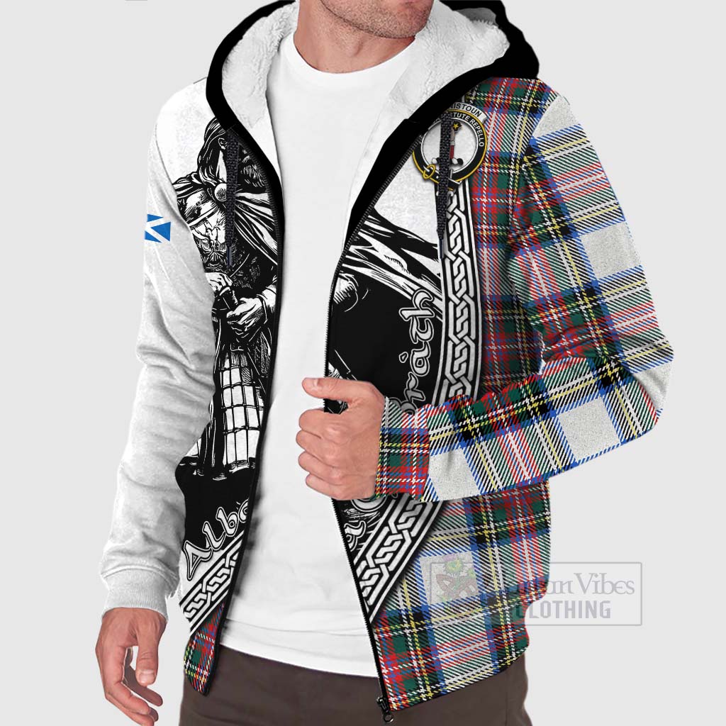 Tartan Vibes Clothing Dennistoun Tartan Clan Crest Sherpa Hoodie with Highlander Warrior Celtic Style