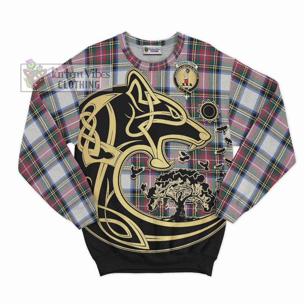 Dennistoun Tartan Sweatshirt with Family Crest Celtic Wolf Style - Tartan Vibes Clothing