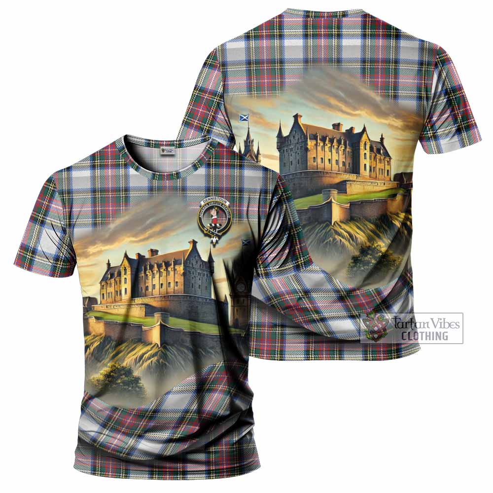 Dennistoun Tartan Family Crest T-Shirt with Scottish Ancient Castle Style - Tartan Vibes Clothing
