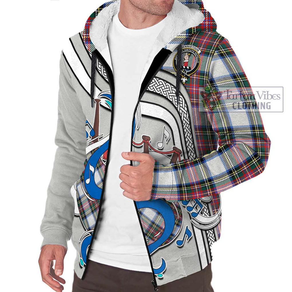 Dennistoun Tartan Sherpa Hoodie with Epic Bagpipe Style Unisex - Tartanvibesclothing Shop