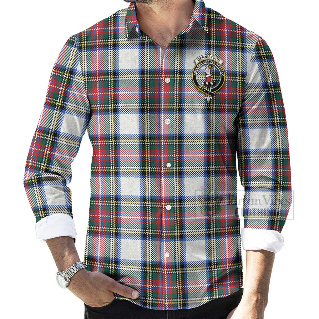 Tartan Vibes Clothing Dennistoun Tartan Long Sleeve Button Shirt with Family Crest and Bearded Skull Holding Bottles of Whiskey