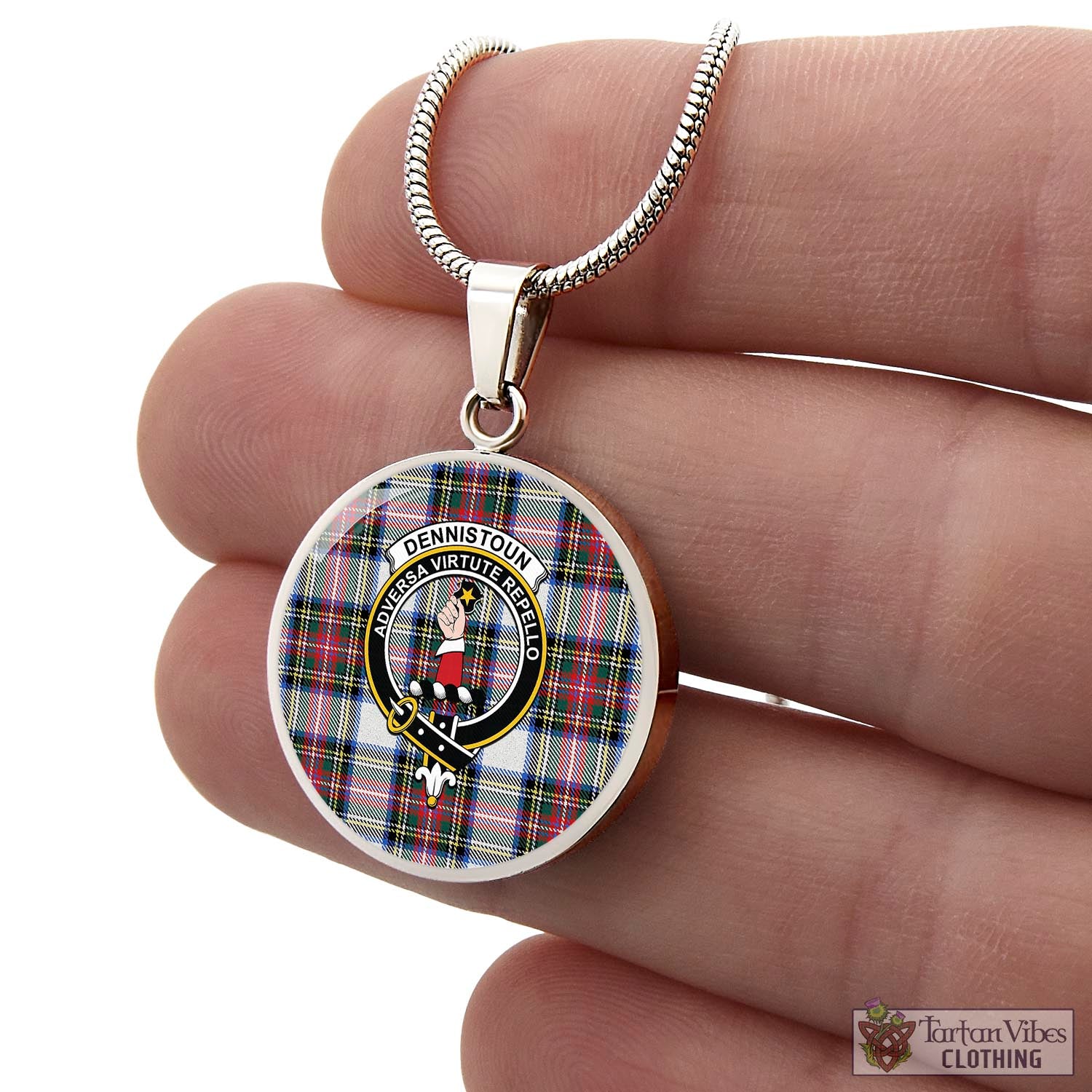 Tartan Vibes Clothing Dennistoun Tartan Circle Necklace with Family Crest