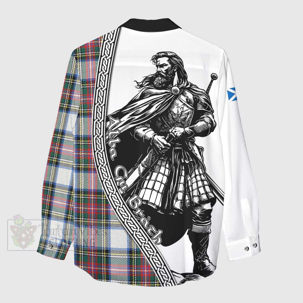 Tartan Vibes Clothing Dennistoun Tartan Clan Crest Women's Casual Shirt with Highlander Warrior Celtic Style