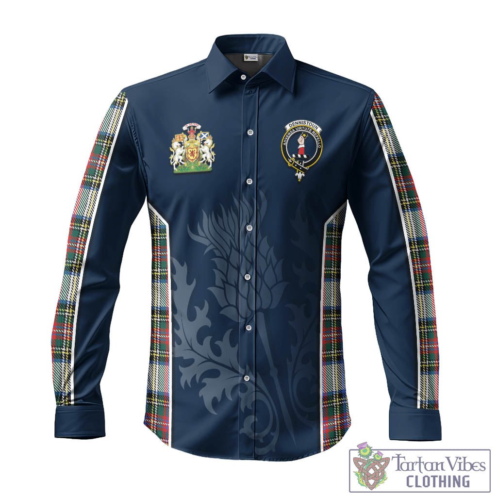 Tartan Vibes Clothing Dennistoun Tartan Long Sleeve Button Up Shirt with Family Crest and Scottish Thistle Vibes Sport Style