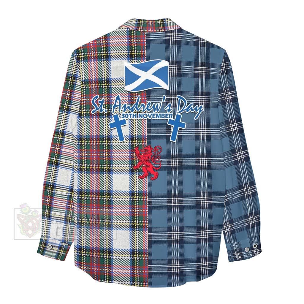 Tartan Vibes Clothing Dennistoun Tartan Women's Casual Shirt Happy St. Andrew's Day Half Tartan Style