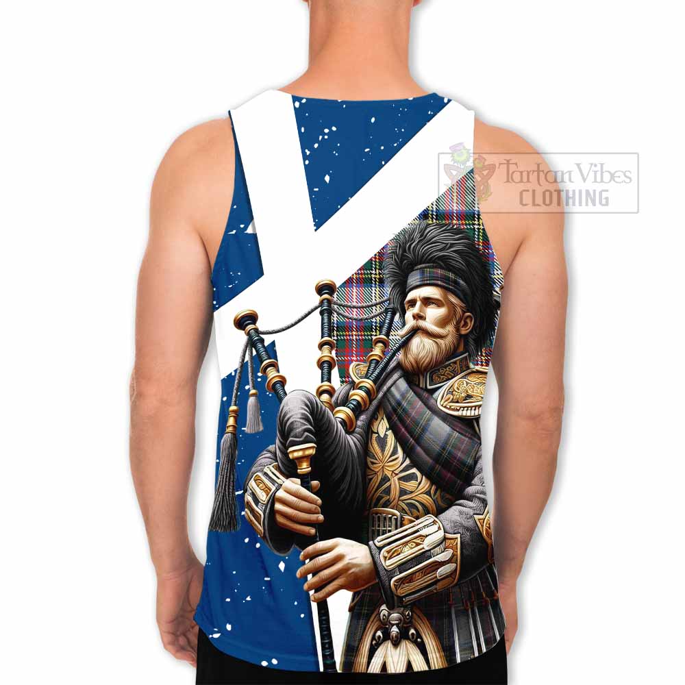 Dennistoun Tartan Men's Tank Top with Family Crest Scottish Bagpiper Vibes