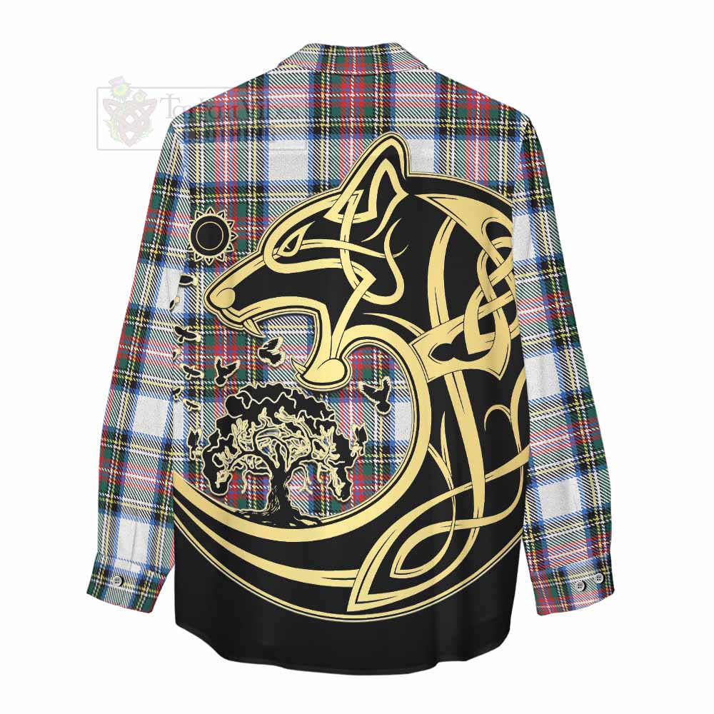 Tartan Vibes Clothing Dennistoun Tartan Women's Casual Shirt with Family Crest Celtic Wolf Style