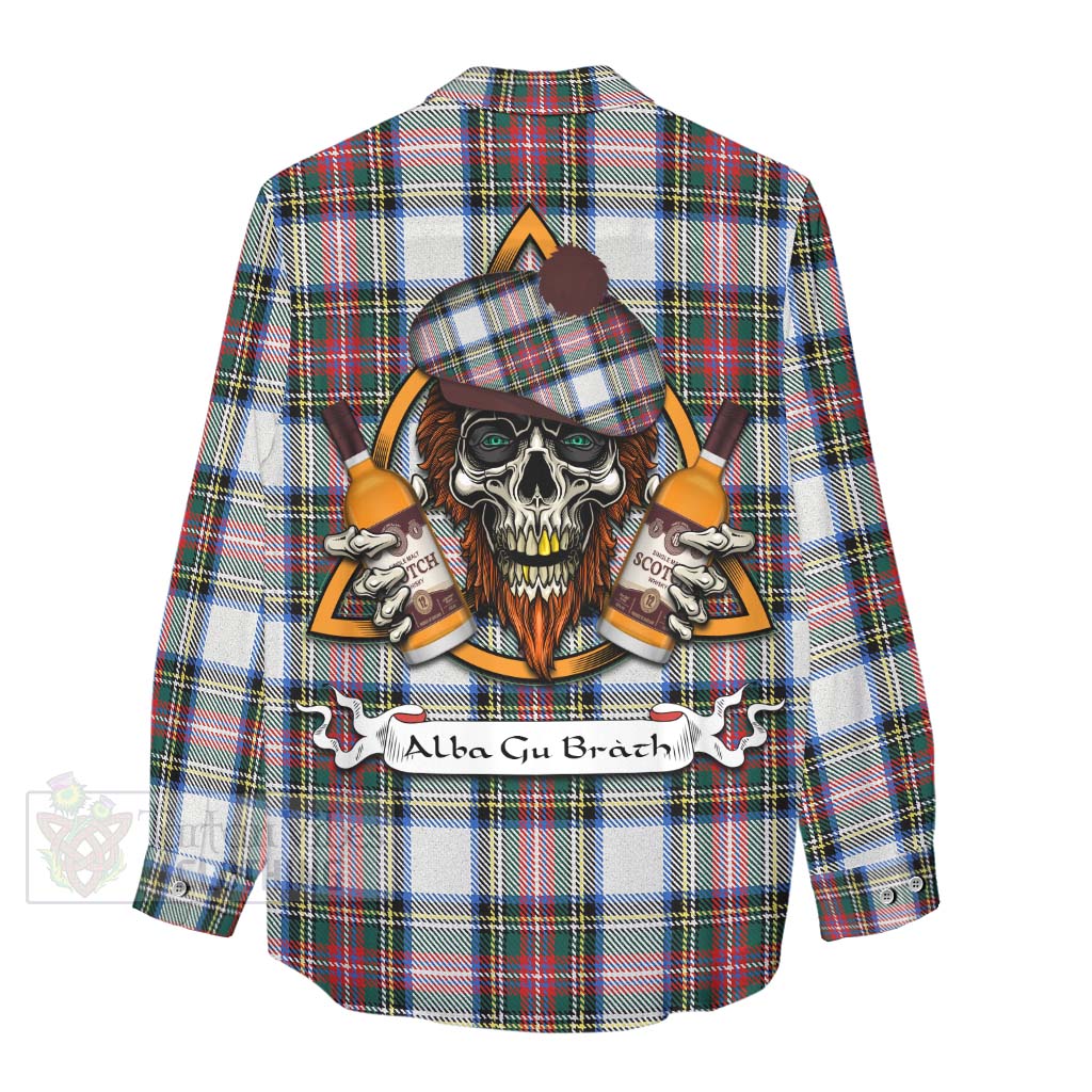 Tartan Vibes Clothing Dennistoun Tartan Women's Casual Shirt with Family Crest and Bearded Skull Holding Bottles of Whiskey