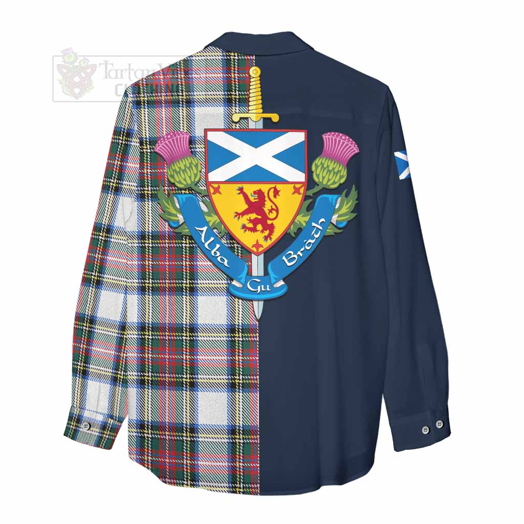 Tartan Vibes Clothing Dennistoun Tartan Women's Casual Shirt Alba with Scottish Lion Royal Arm Half Style