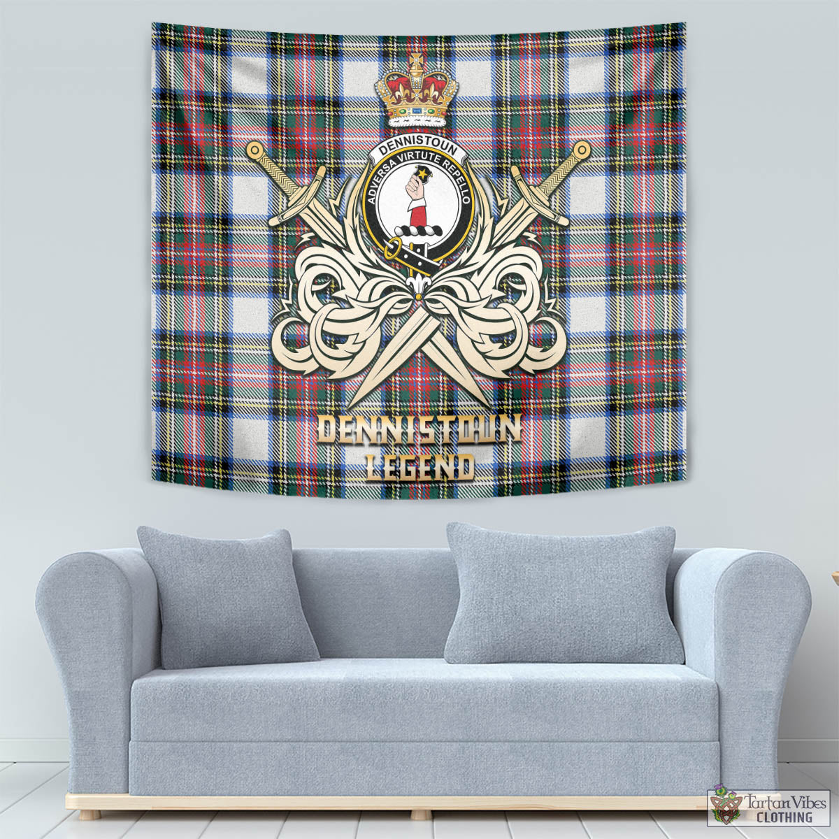 Tartan Vibes Clothing Dennistoun Tartan Tapestry with Clan Crest and the Golden Sword of Courageous Legacy