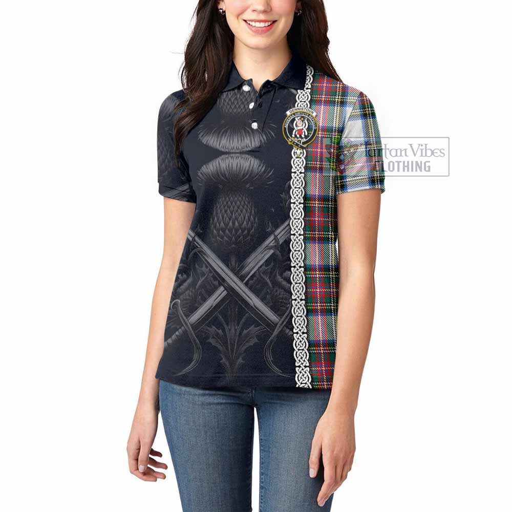 Tartan Vibes Clothing Dennistoun Tartan Women's Polo Shirt with Family Crest Cross Sword Thistle Celtic Vibes