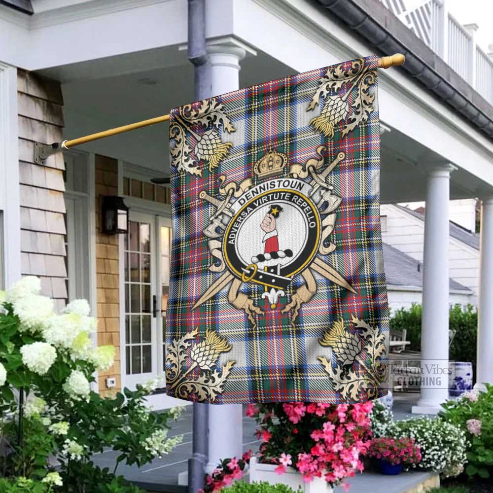 Tartan Vibes Clothing Dennistoun Tartan Flag with Family Crest and Golden Thistle Crossed Sword Design