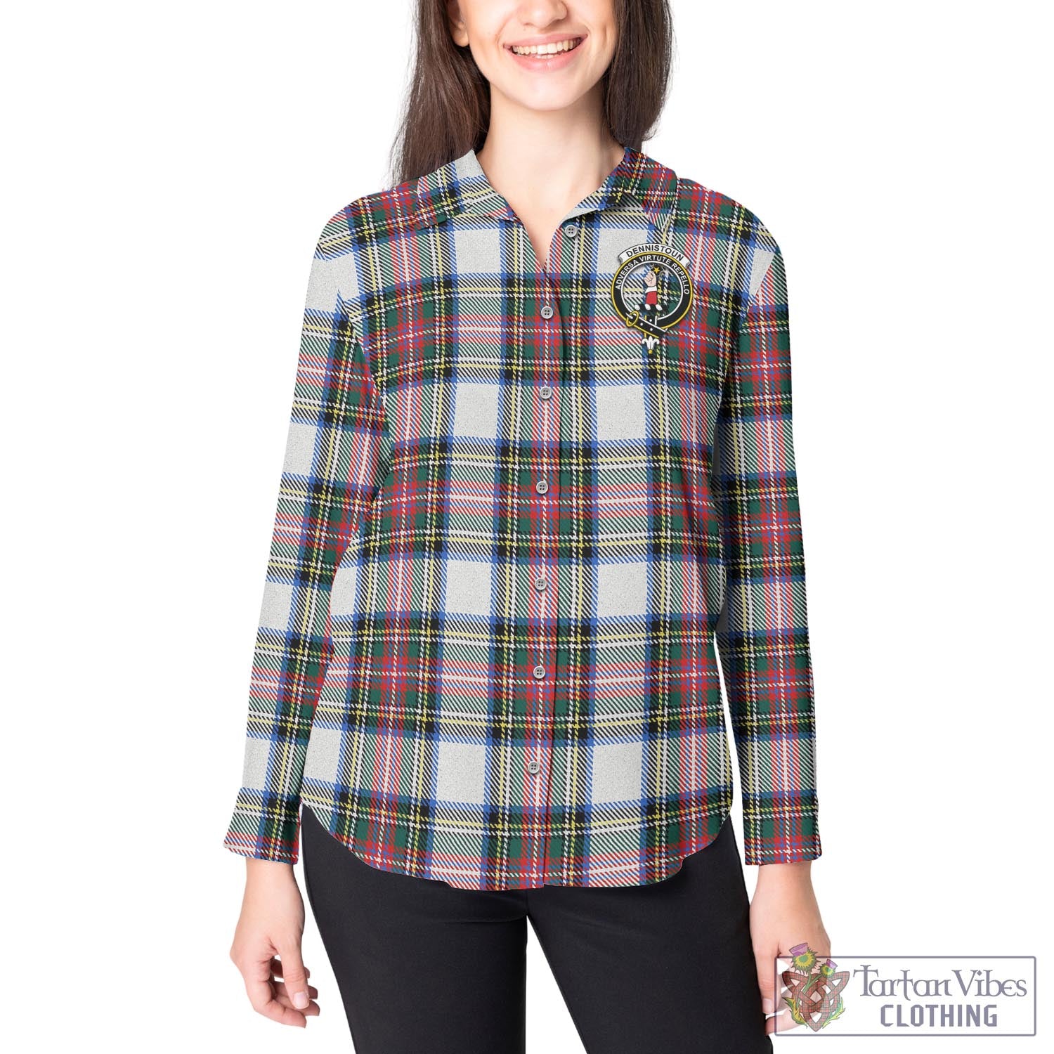 Tartan Vibes Clothing Dennistoun Tartan Womens Casual Shirt with Family Crest