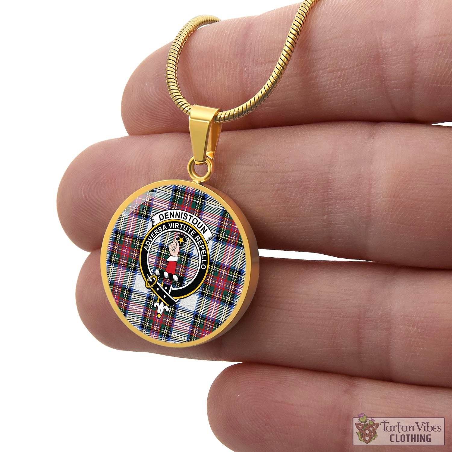 Tartan Vibes Clothing Dennistoun Tartan Circle Necklace with Family Crest