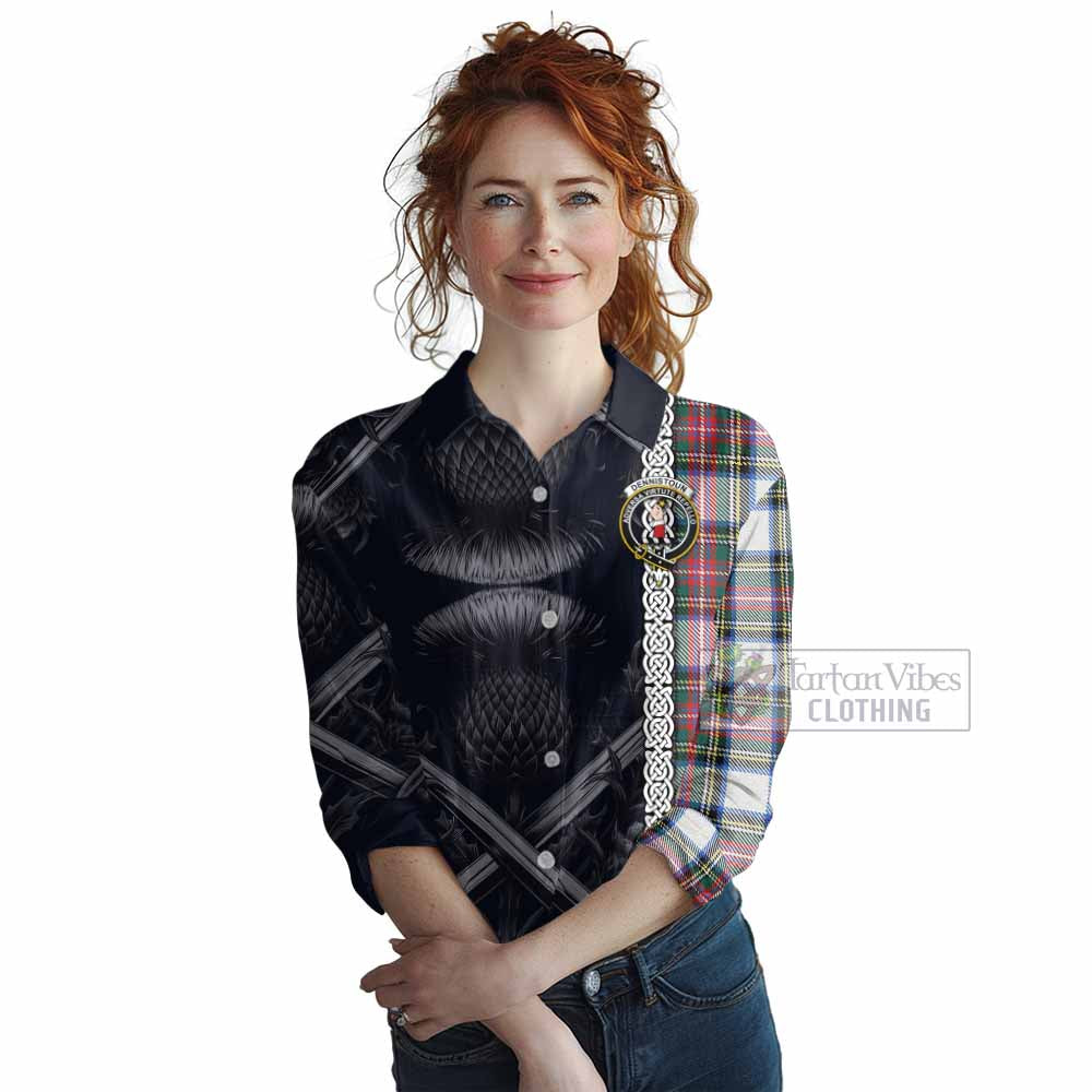 Tartan Vibes Clothing Dennistoun Tartan Women's Casual Shirt with Family Crest Cross Sword Thistle Celtic Vibes