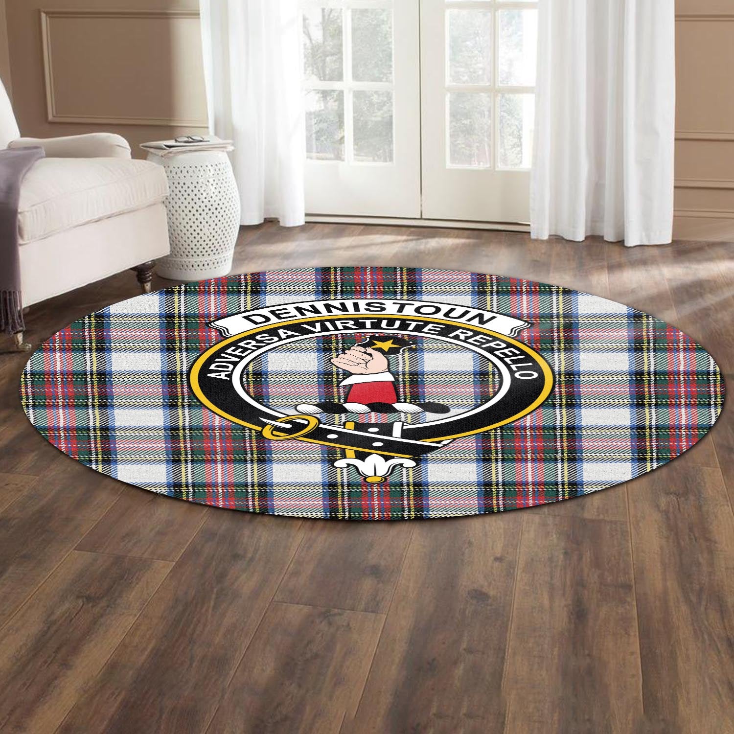 Dennistoun Tartan Round Rug with Family Crest - Tartanvibesclothing