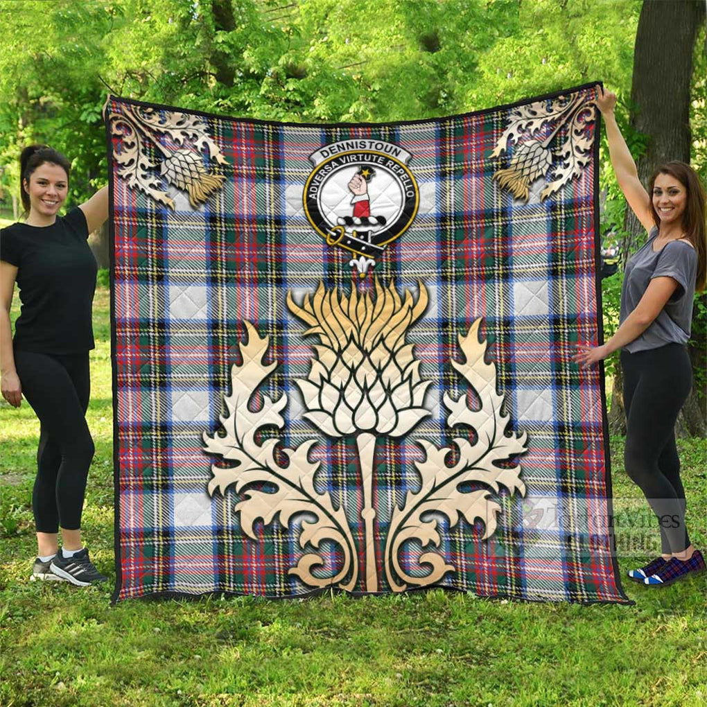 Tartan Vibes Clothing Dennistoun Tartan Quilt with Family Crest and Golden Thistle Style