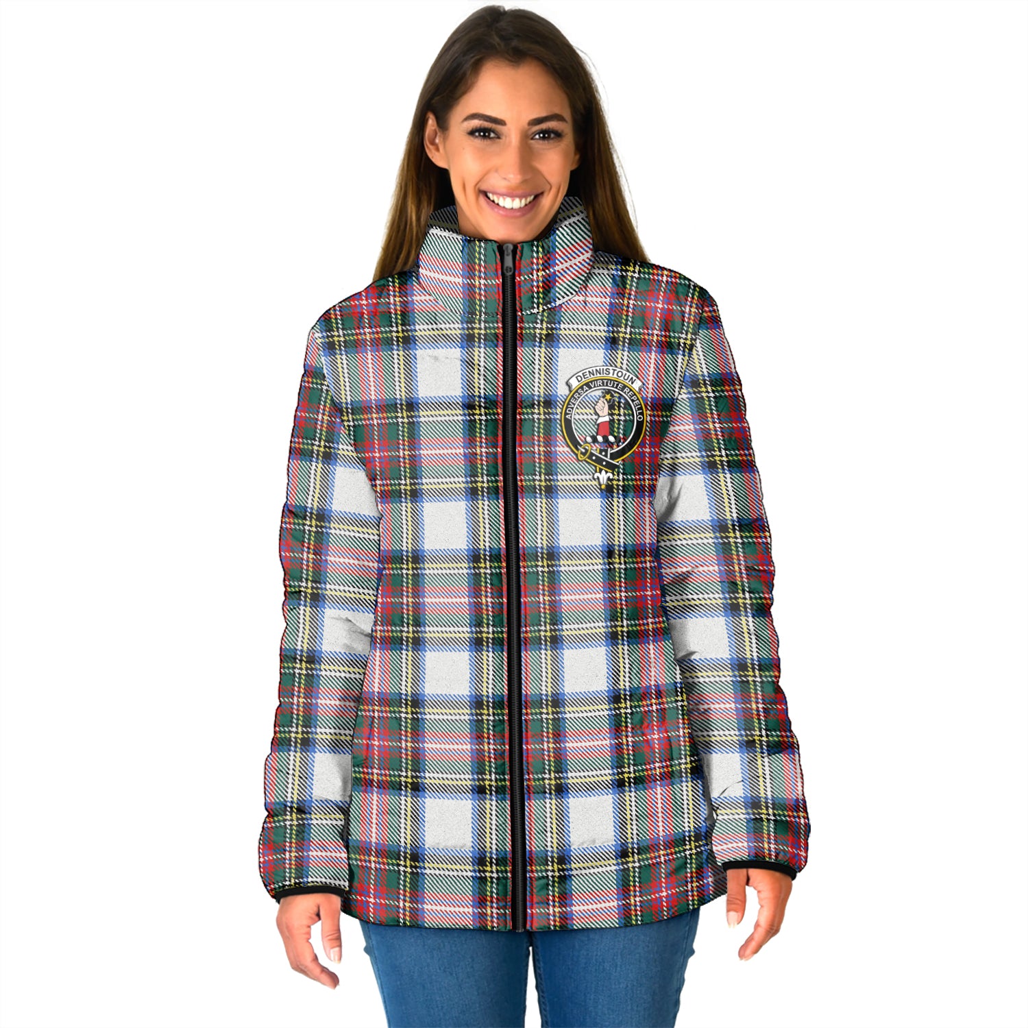 Dennistoun Tartan Padded Jacket with Family Crest - Tartanvibesclothing