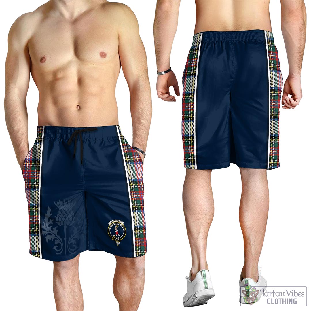 Tartan Vibes Clothing Dennistoun Tartan Men's Shorts with Family Crest and Scottish Thistle Vibes Sport Style