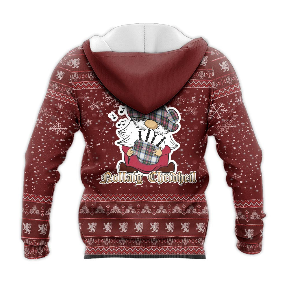 Dennistoun Clan Christmas Knitted Hoodie with Funny Gnome Playing Bagpipes - Tartanvibesclothing