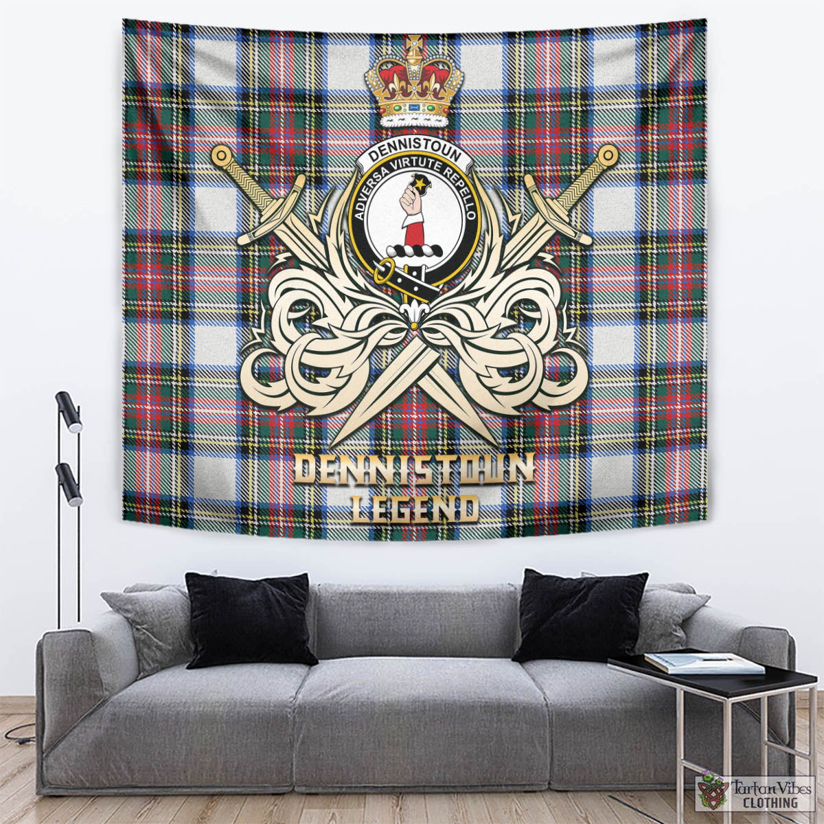 Tartan Vibes Clothing Dennistoun Tartan Tapestry with Clan Crest and the Golden Sword of Courageous Legacy