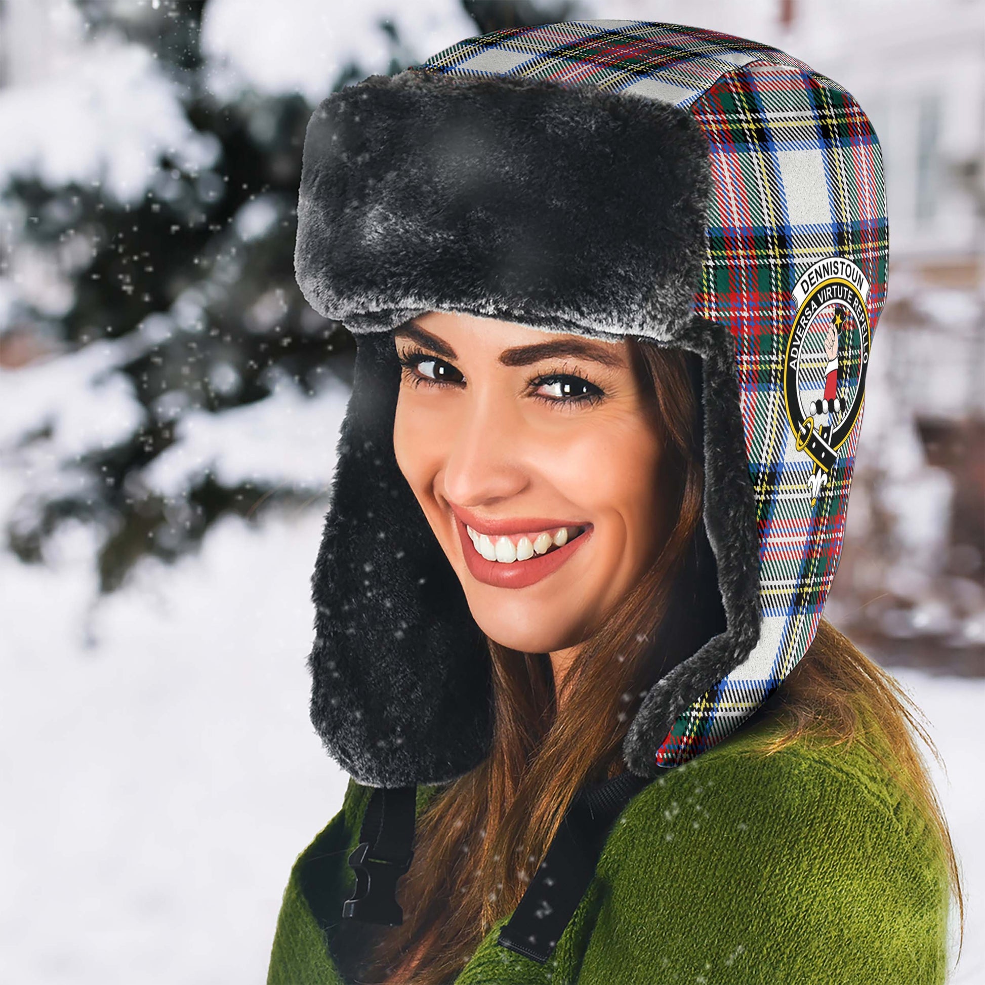 Dennistoun Tartan Winter Trapper Hat with Family Crest - Tartanvibesclothing