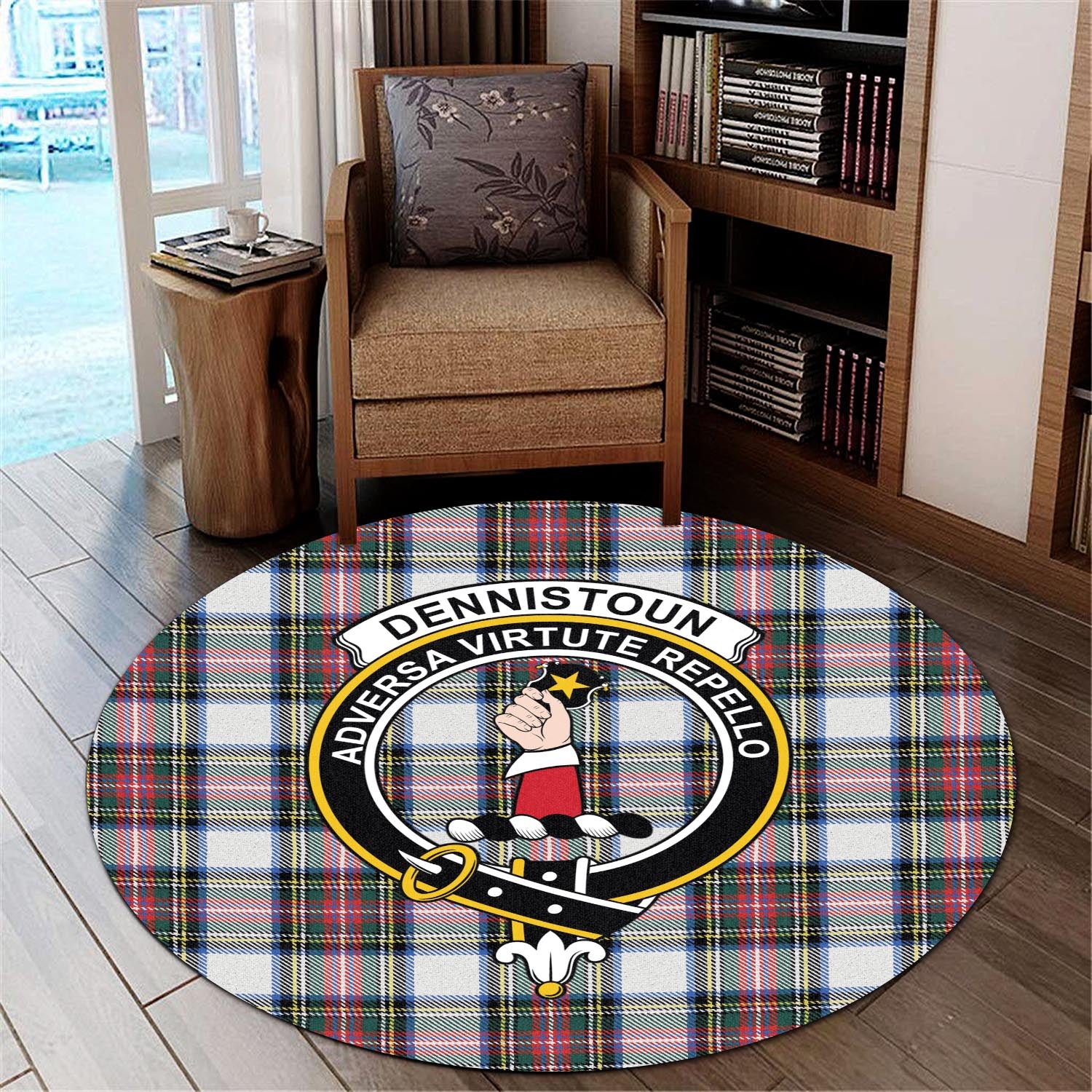 Dennistoun Tartan Round Rug with Family Crest - Tartanvibesclothing