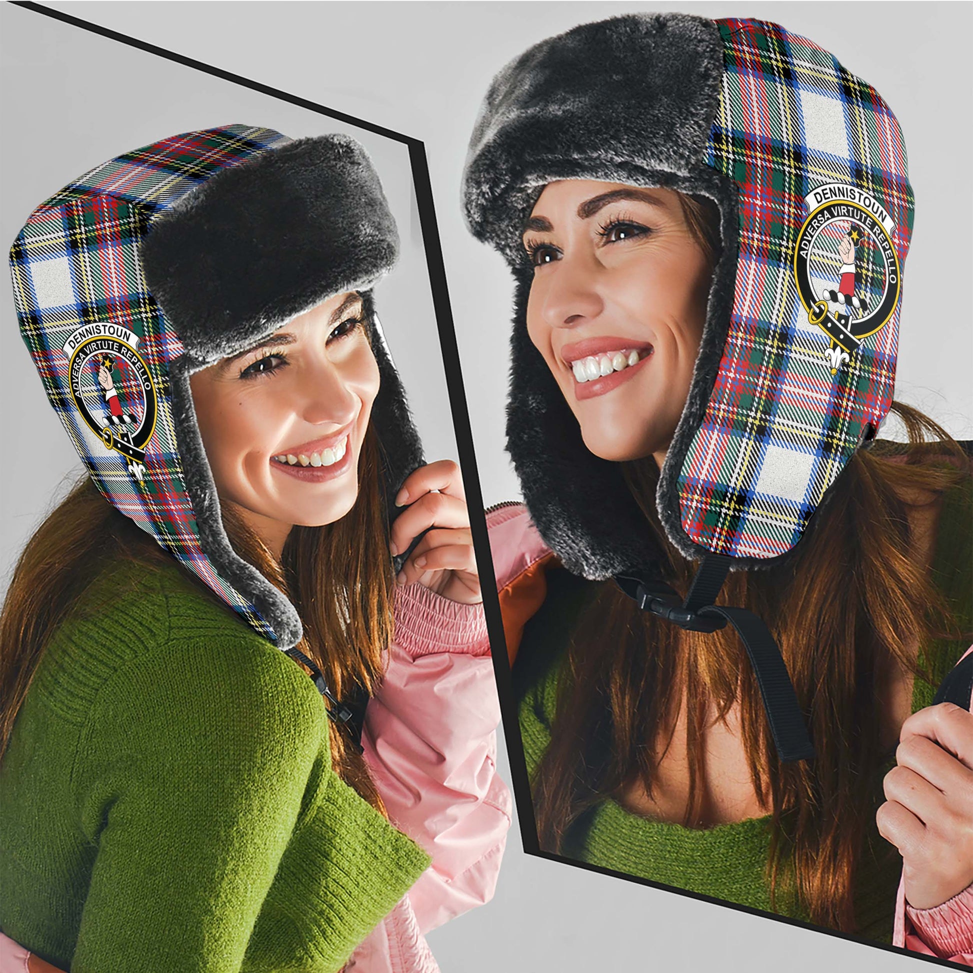 Dennistoun Tartan Winter Trapper Hat with Family Crest - Tartanvibesclothing