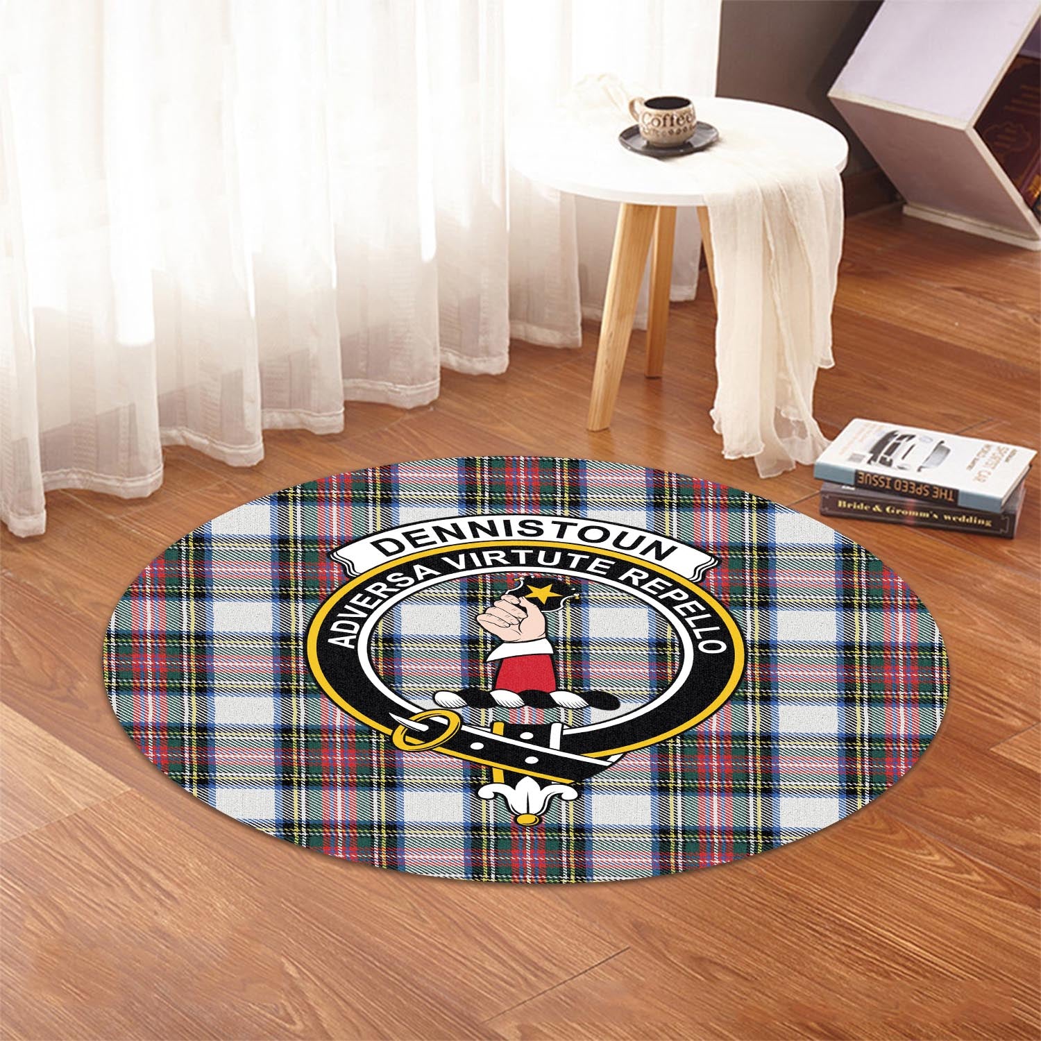 Dennistoun Tartan Round Rug with Family Crest - Tartanvibesclothing