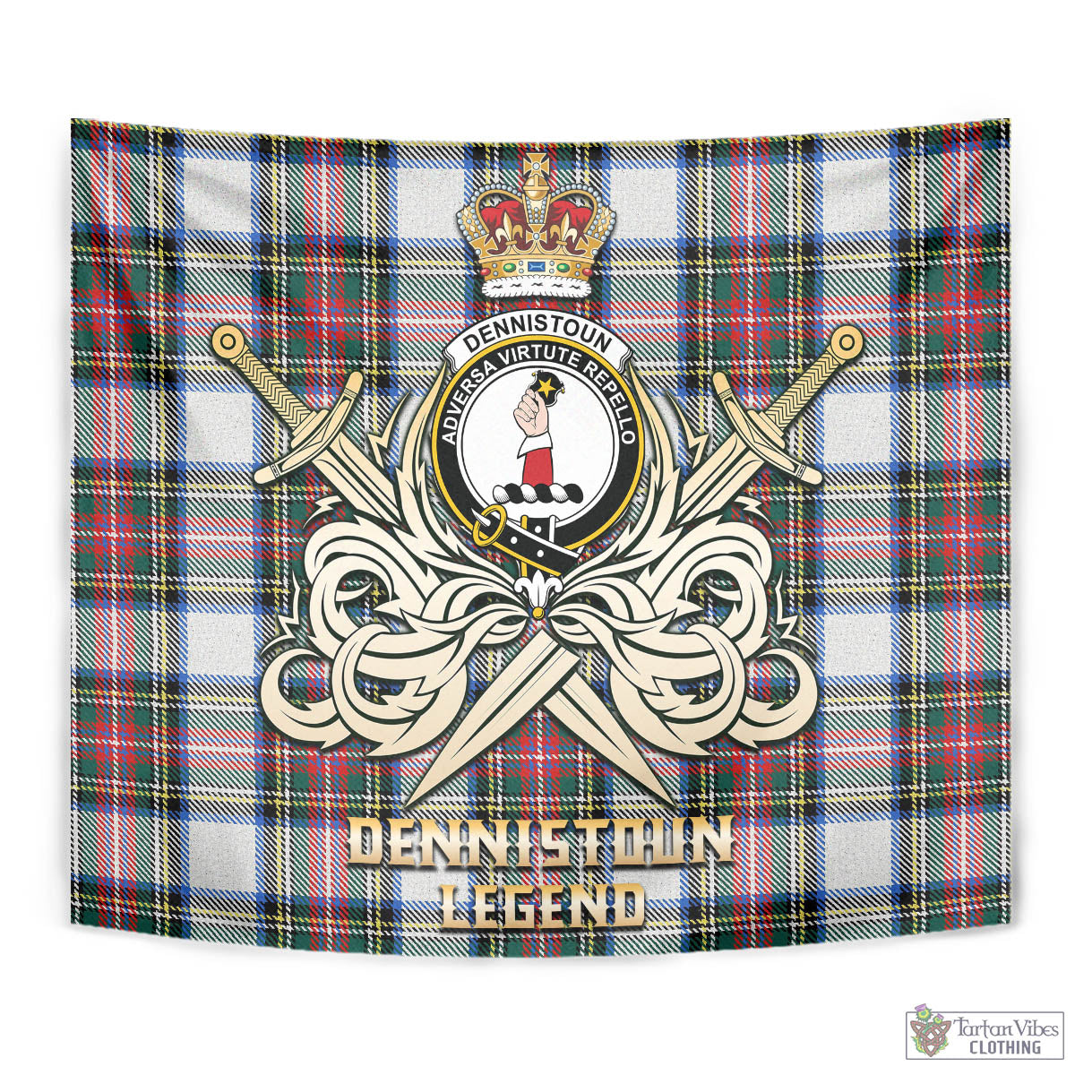 Tartan Vibes Clothing Dennistoun Tartan Tapestry with Clan Crest and the Golden Sword of Courageous Legacy