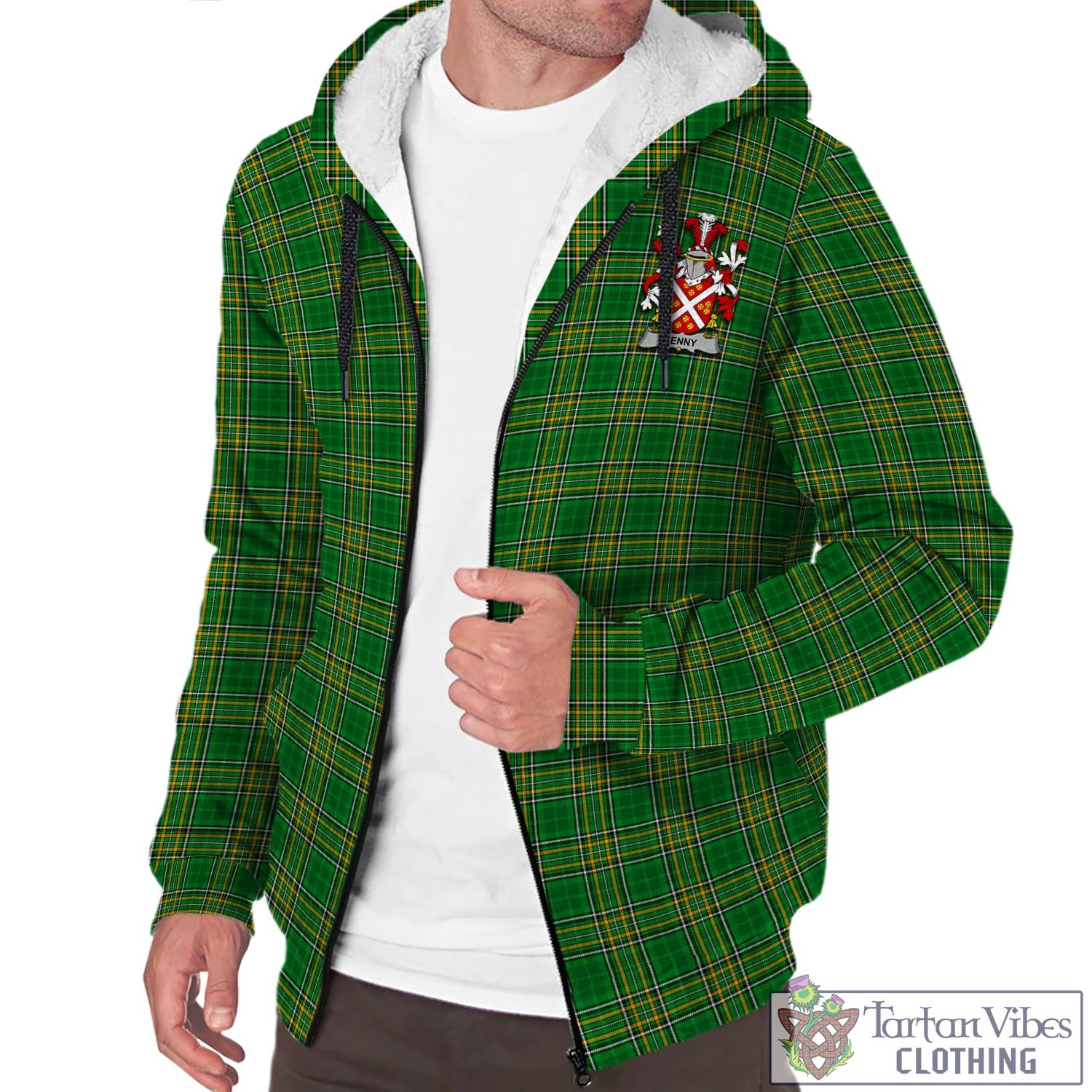 Tartan Vibes Clothing Denny Ireland Clan Tartan Sherpa Hoodie with Coat of Arms