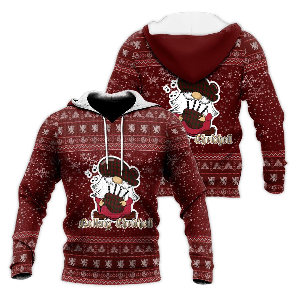 Denny Hunting Clan Christmas Knitted Hoodie with Funny Gnome Playing Bagpipes Red - Tartanvibesclothing