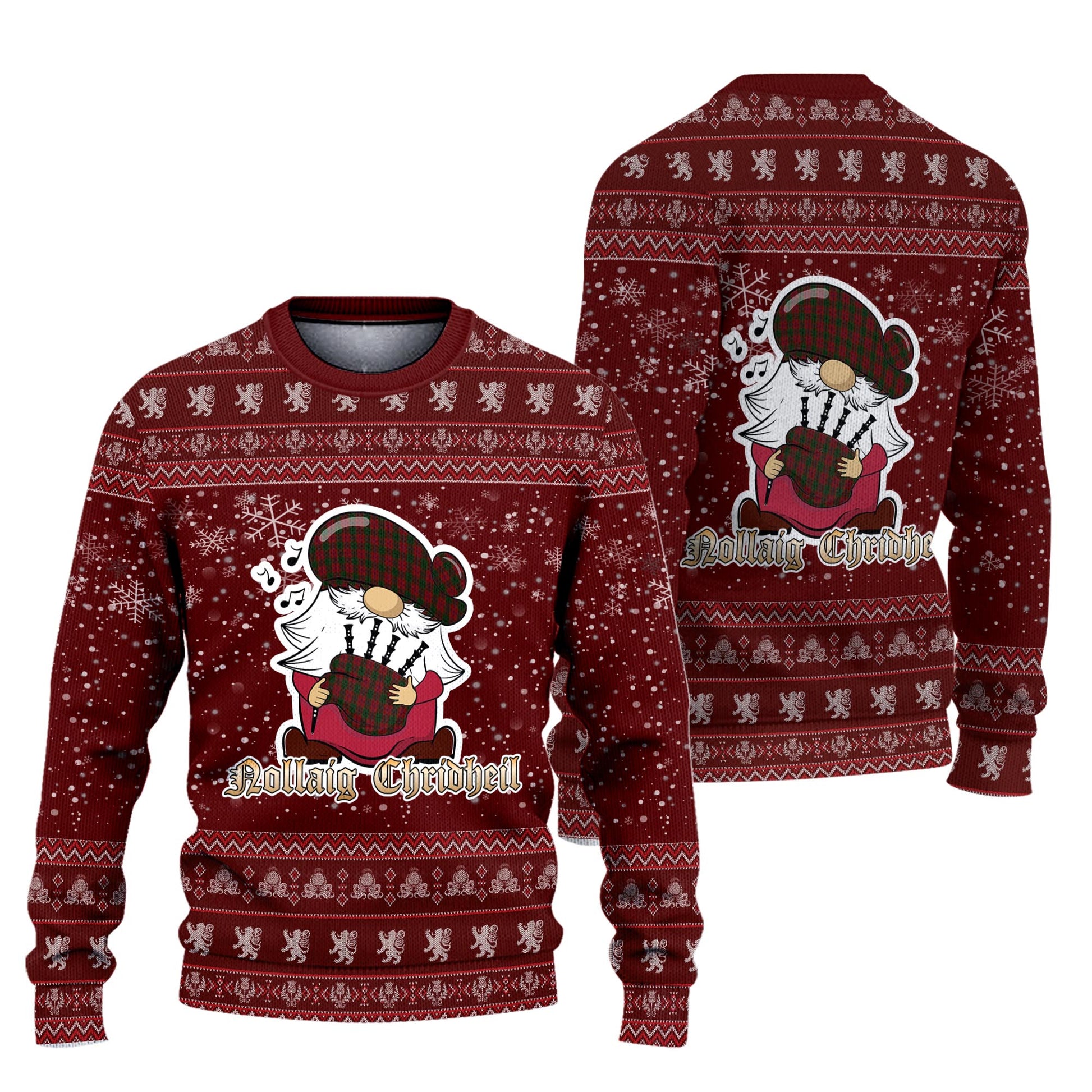 Denny Hunting Clan Christmas Family Knitted Sweater with Funny Gnome Playing Bagpipes Unisex Red - Tartanvibesclothing